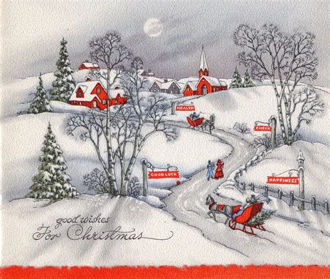 Vintage Christmas Card Snowy Village In Moonlight Ebay Vintage