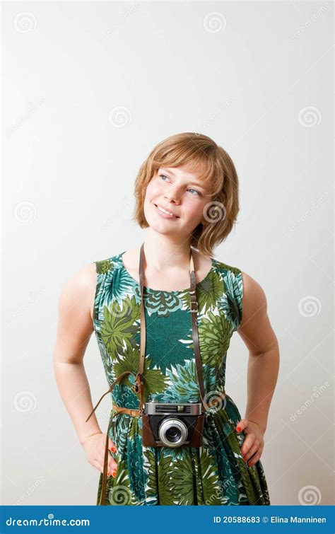 Woman With A Vintage Camera Stock Image Image Of Photographic Equipment