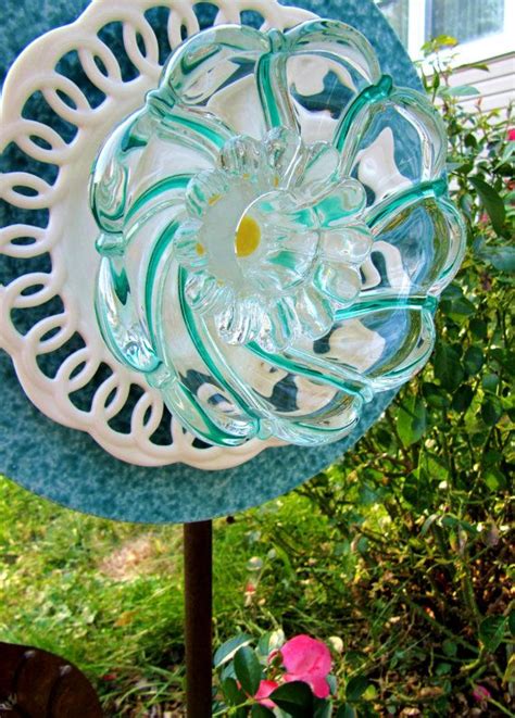 Vintage Glass Plate Flower Yard Art Repurposed By Adelicatetouch1 Glass