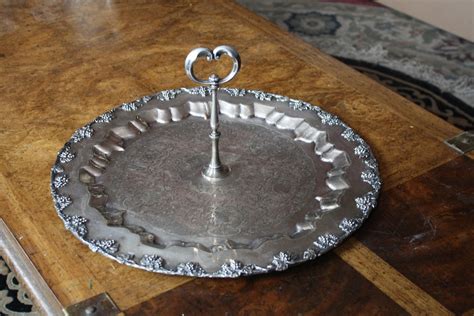 Large Vintage Round Silverplate Serving Tray Center Handle Etsy