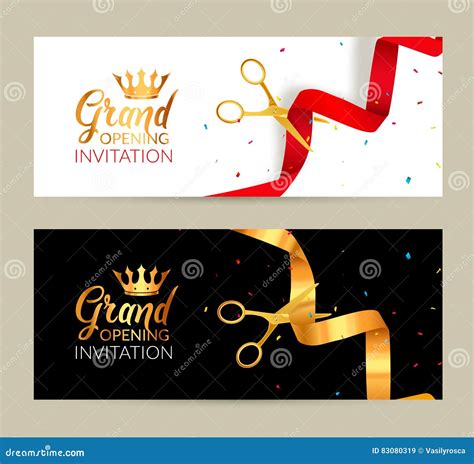 Grand Opening Invitation Banner Golden Ribbon And Red Ribbon Cut