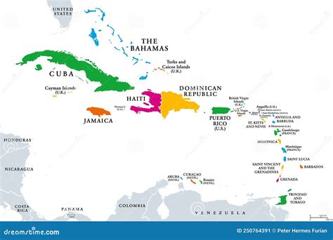 The Caribbean Subregion Of The Americas Colored Political Map Stock