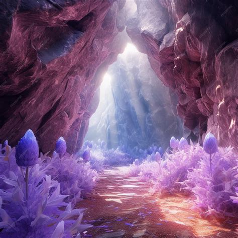 Premium Ai Image A Purple Cave With A Purple Flower On The Left Side