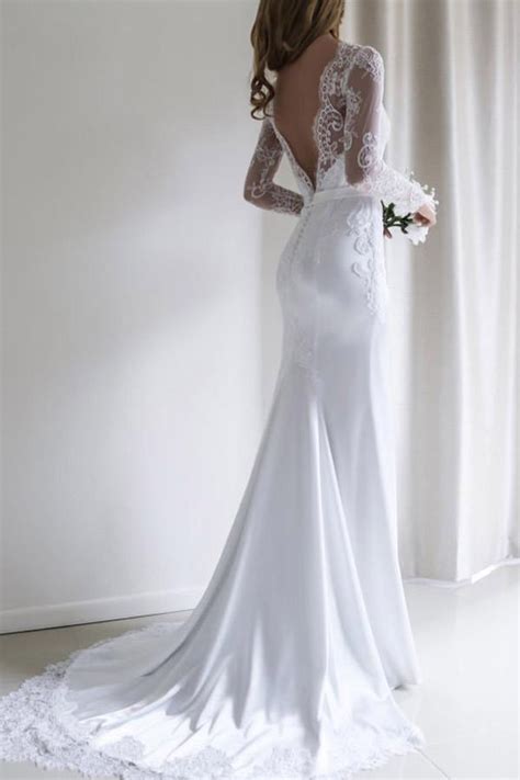 Lace Long Sleeves Mermaid Backless White Long Wedding Dress With Train Promdress Me Uk