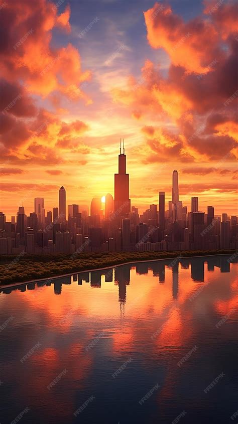 Premium Ai Image Chicago Skyline At Sunset Reflection Of The City In