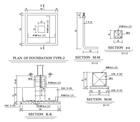 X Mm Foundation Plan And Section CAD Drawing DWG File Cadbull