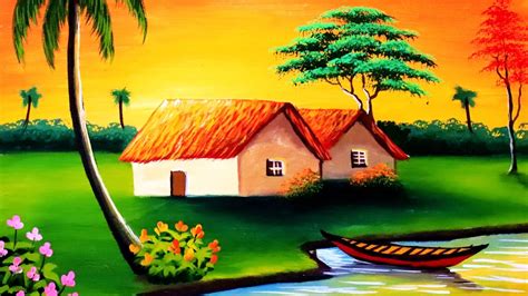 How To Paint Village Scenery Sunset Village Drawing And Painting