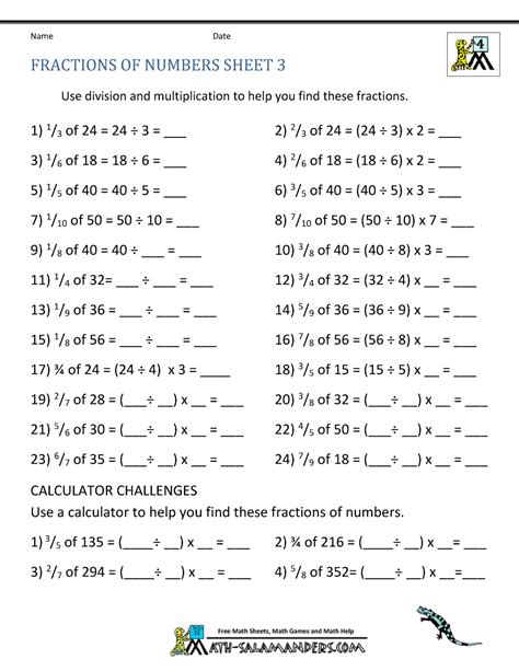 Finding Fractions Of Whole Numbers Worksheet