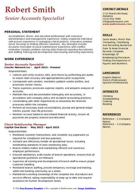 accounts specialist resume samples qwikresume