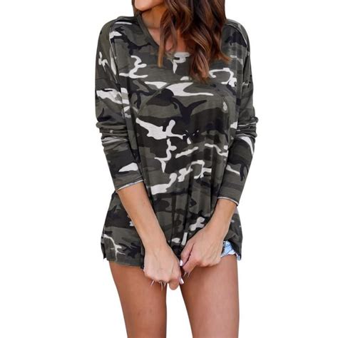 Women S Camouflage Long Sleeve Top Blouse Lace Up Camouflage Tops Fashion Casual Blouse Shirts