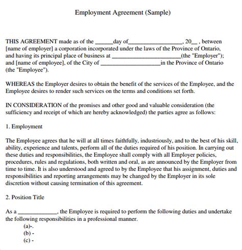 sample employment agreement templates   ms
