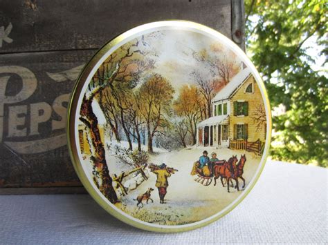 Vintage Currier And Ives Winter Scene Cookie Tin Currier And Ives