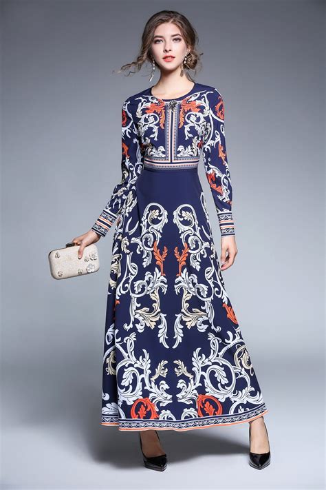 Long Sleeve Beaded Fit And Flare Printed Dress Womens Maxi Dresses