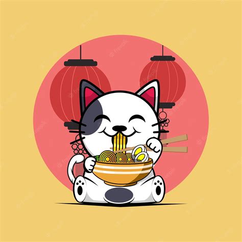 Premium Vector Cute Cat Eating Ramen Noodle With Chopstick Cartoon