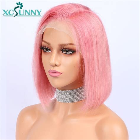 13x6 Pink Short Bob Wigs Lace Front Human Hair Preplucked Brazilian