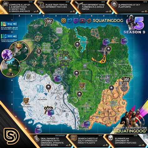 See how the zero point changes fortnite chapter 2 season 5 including the dragon's breath shotgun, new hunting grounds, bars as a new currency and more. Fortnite Season 9 Week 5 Cheat Sheet, Week 5 Challenge ...
