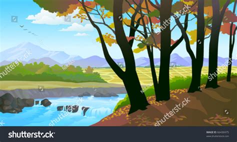 Beautiful Riverside Trees Field View Stock Vector 66436975 Shutterstock