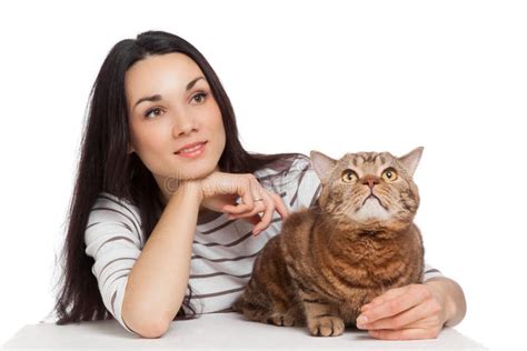 Beautiful Smiling Brunette Girl And Her Ginger Cat Over White Ba Stock Photo Image Of