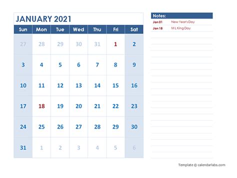 2021 Monthly Calendar Template Landscape Free Printable Templates