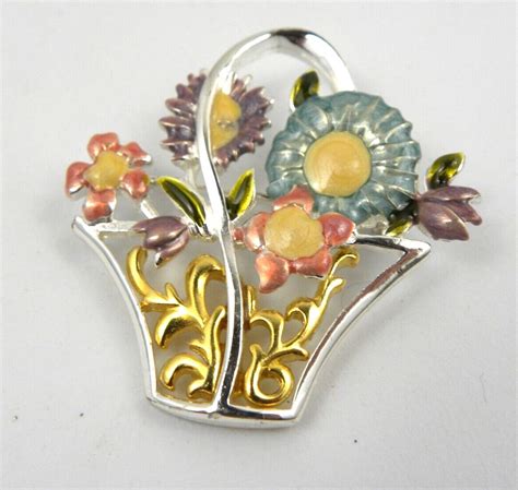 Vintage Flower Basket Brooch Pin Silver Gold Tone Enamel Two Tone Metal EBay In Brooch