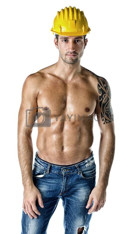 handsome muscular construction worker shirtless on white by artofphoto vectors and illustrations
