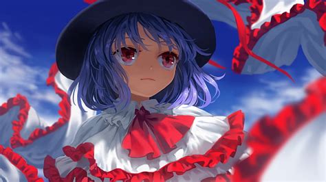 나가이 이쿠 동방 모자 파란 머리 빨간 눈 애니메이션 Hd 배경 화면 Wallpaperbetter