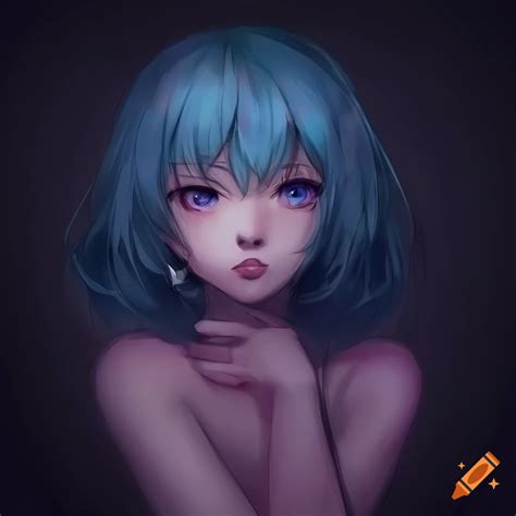 2d Art Grim Dark Background Anime Girl Blue Hair Long Hair Puffy Hair Blue Eyes Pink