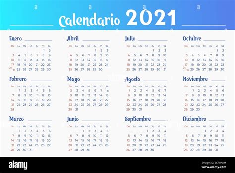 Calendar 2021 Template In Spanish 12 Months Sundays Are Highlighted