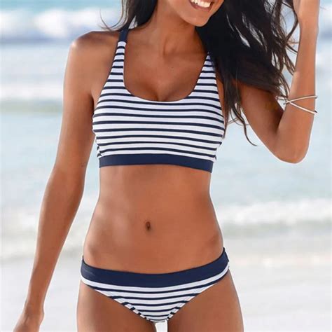 New Sexy Striped Beach Bikinis Set Women Swimwear Push Up Swimsuit