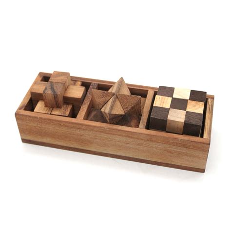 3 Game In Box With Wooden Cover For Brain Teasers Educational Games