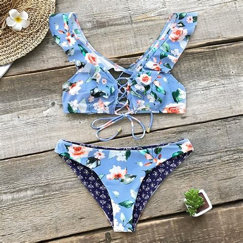 blue floral ruffle reversible bikini set reversible bikinis two piece swimsuits bikinis