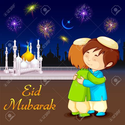 Vector Illustration Of People Hugging And Wishing Eid Mubarak Royalty