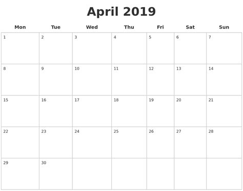 April 2019 Blank Calendar Pages