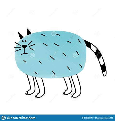 Cool Oval Cute Funny Comic Cartoon Kawaii Blue Fat Cat With Striped
