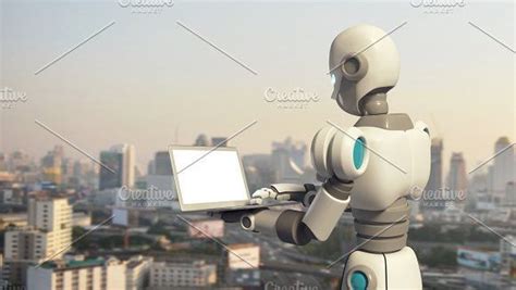 Robot Using A Laptop Computer With Blank Screen In City Artificial