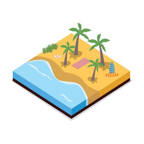 3d sandy beach landscape concept vector illustration sandy beach vector with surfboard and