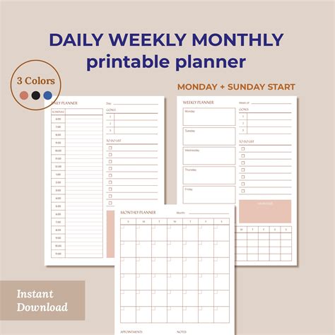 Daily Weekly Monthly Planner Printable Instant Download Hourly Etsy