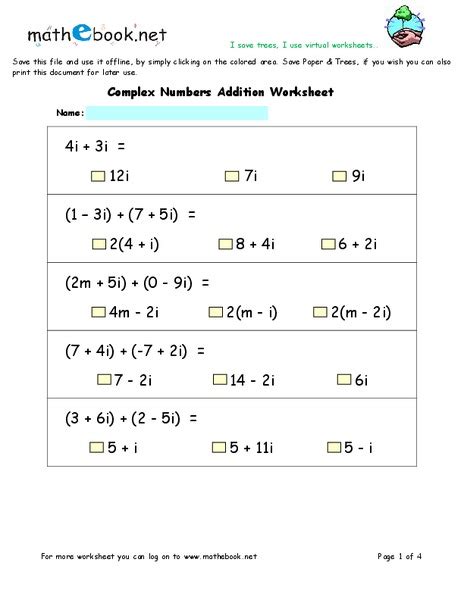 Addition Of Complex Numbers Worksheet