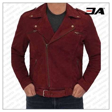 Sean Mens Suede Leather Biker Maroon Asymmetrical Jacket