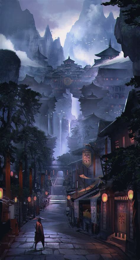 Anime Sky Lantern Mountain Japanese Castle Night Scenery