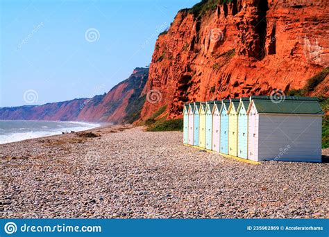 Beach Huts And Sandstone Cliffs Budleigh Salterton Devon Editorial Stock Image Image Of Colour