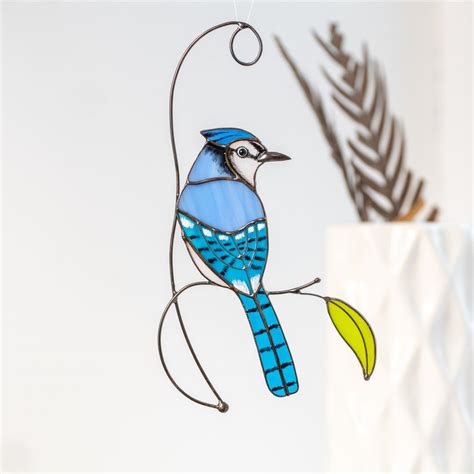 Blue Jay Stained Glass Bird Suncatcher Mom T Modernstained Etsy
