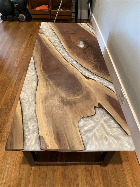 Live Edge Water Fall With Pearl White Epoxy Coffee Table Etsy Epoxy