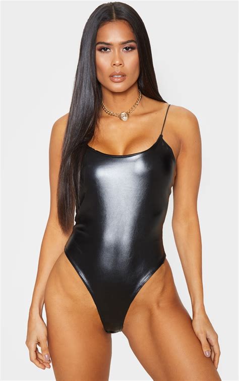 Black Faux Leather Strappy Bodysuit Tops Prettylittlething Usa