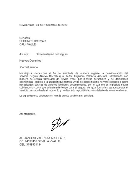 Carta Solicitud Desvinculacion Seguros Bolivar 2 Pdf