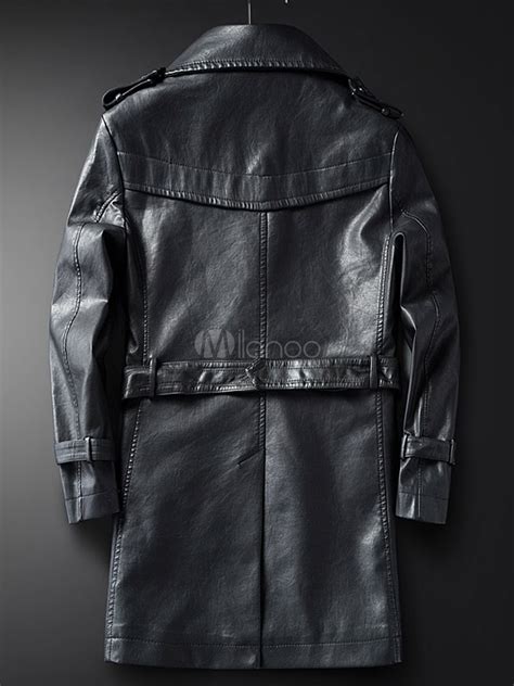 Men Leather Coat Double Breasted Buckle Belted Pu Trench Coat