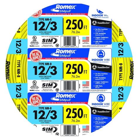 Here is what ric had to say: Southwire 250 ft. 12/3 Solid Romex SIMpull CU NM-B W/G Wire-63947655 - The Home Depot