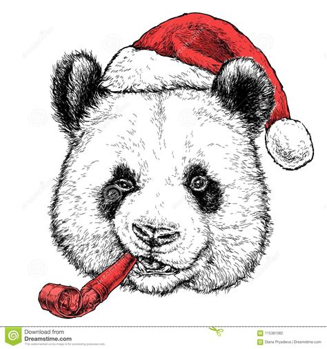 Christmas Card With Cute Panda Bear Portrait In Red Santa`s Hat And