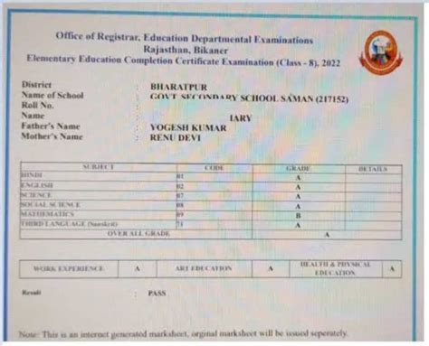 Rbse 8th Result 2022 Link 955 Pass In Bser Rajasthan Board Class 8