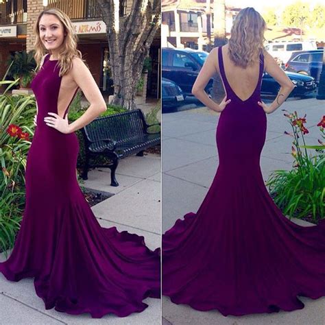 Unique Purple Prom Dress With Court Train Sexy Backless Mermaid Prom Dresses Sleeveless Silk